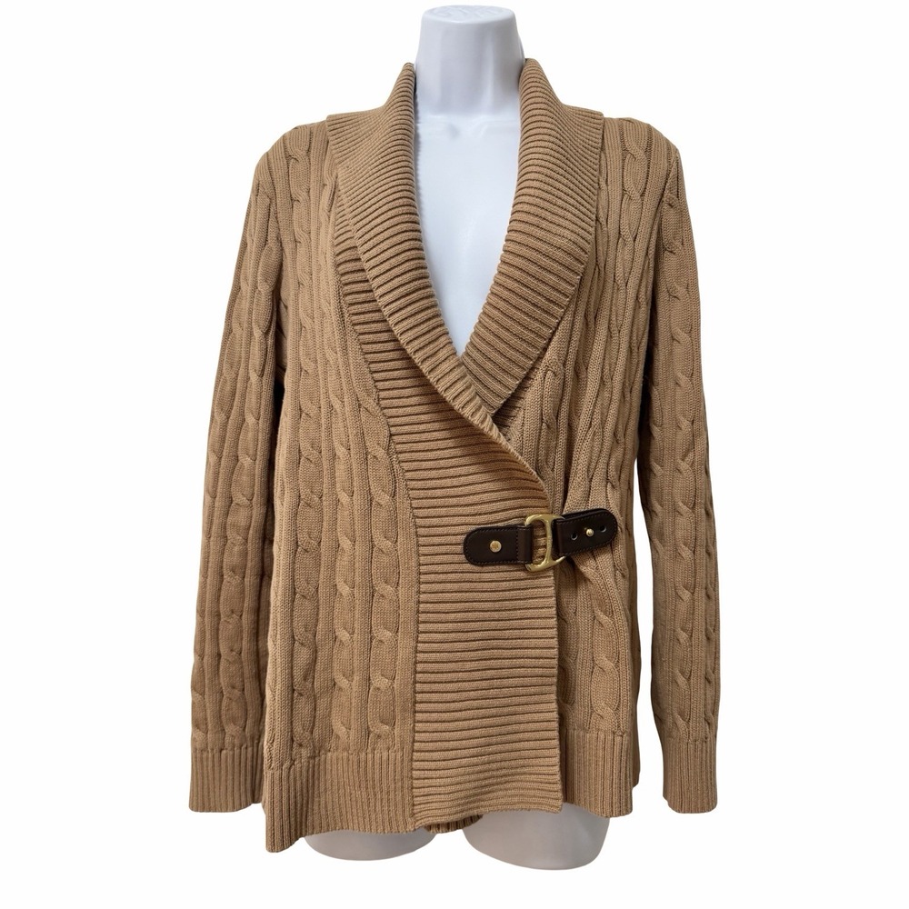 Lauren Ralph Lauren Cable Knit Sweater Womens M Medium Tan Shawl Collar Buckle